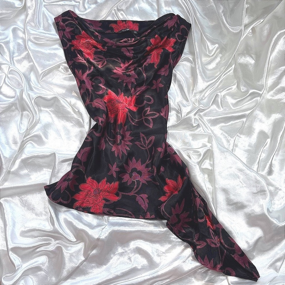 y2k Autre Ton Cowl Neck Top Black Red Excellent Floral Asymmetrical Drape Blouse